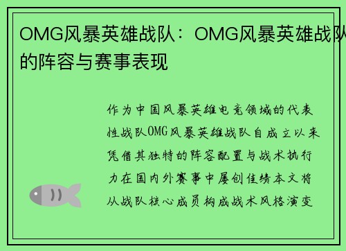 OMG风暴英雄战队：OMG风暴英雄战队的阵容与赛事表现