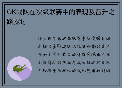OK战队在次级联赛中的表现及晋升之路探讨
