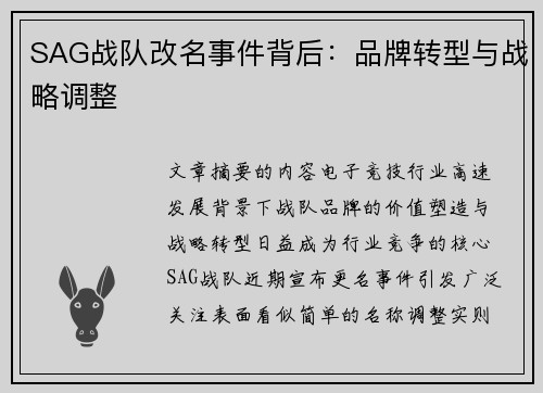 SAG战队改名事件背后：品牌转型与战略调整